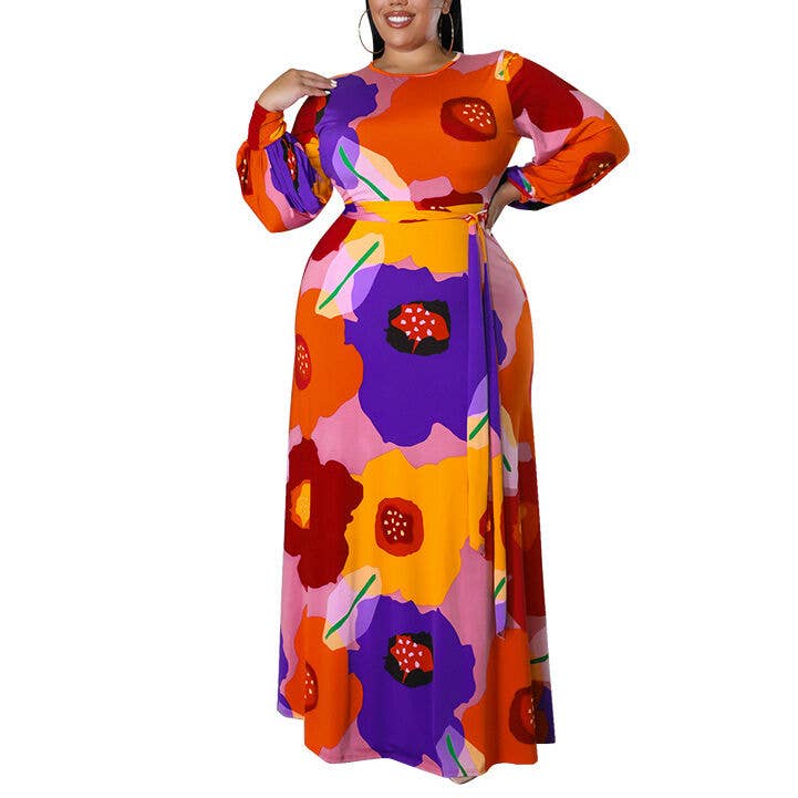 pinkblu02 - Wholesale Dress - Women's - Women Plus Size Long Sleeve Floral Print Round Neck Dress6