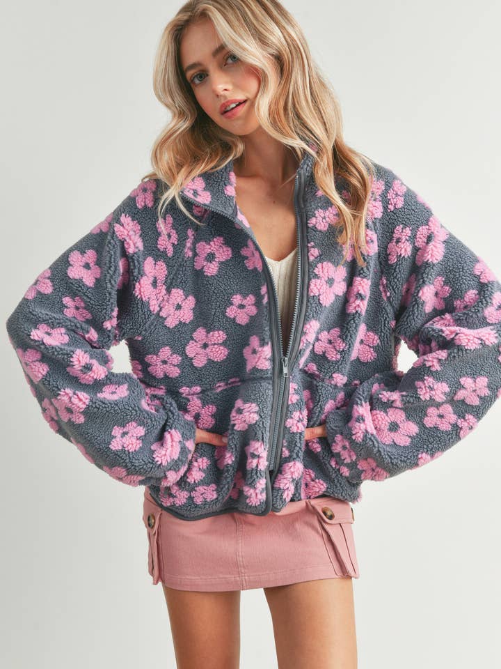BUTTERMELON - Wholesale Fleece - Women's - Fall Daisy Flower Pattern Fleece Sherpa - BMJ7008