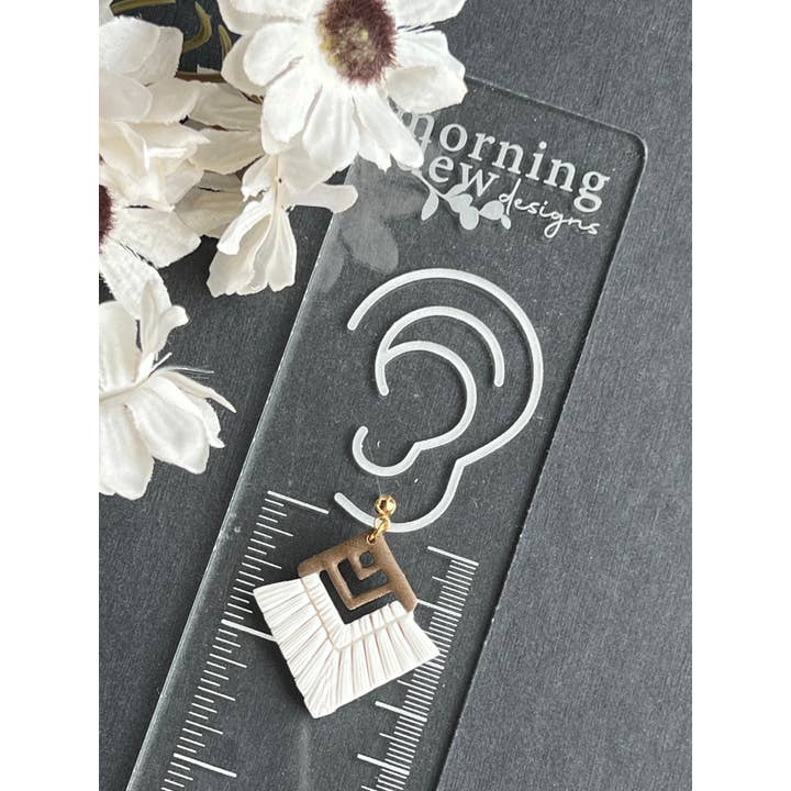 Morning Dew Designs - Wholesale Dangle Earrings - White Faux Macrame w/ Wood Top Polymer Clay Earrings1