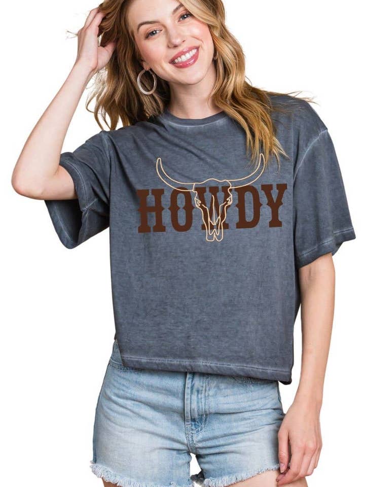 PUFF' Cow Skull Howdy Graphic S/S Lunar Dye Faux Crop for wholesale by Foryeri