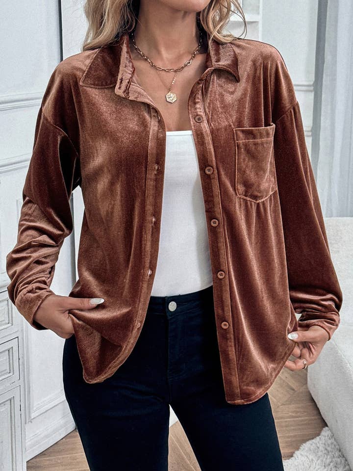 Coffee Retro Velvet Pocket Lapel Shirt for wholesale on Faire