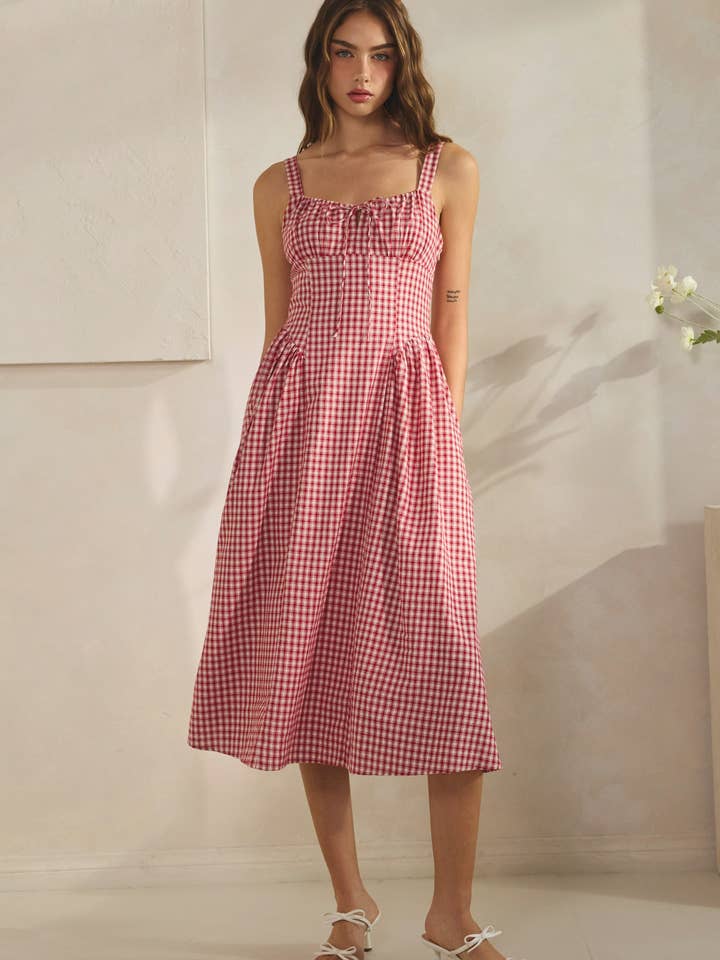 YD2924 Vivien Check Tie Front Midi Dress-RED
for wholesale by Creamon