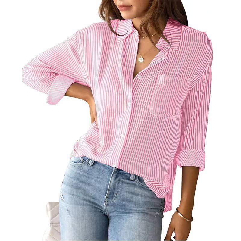 Rosa Clothing - Wholesale Button Down Shirt - Women's - Loose buttons striped shirt top1