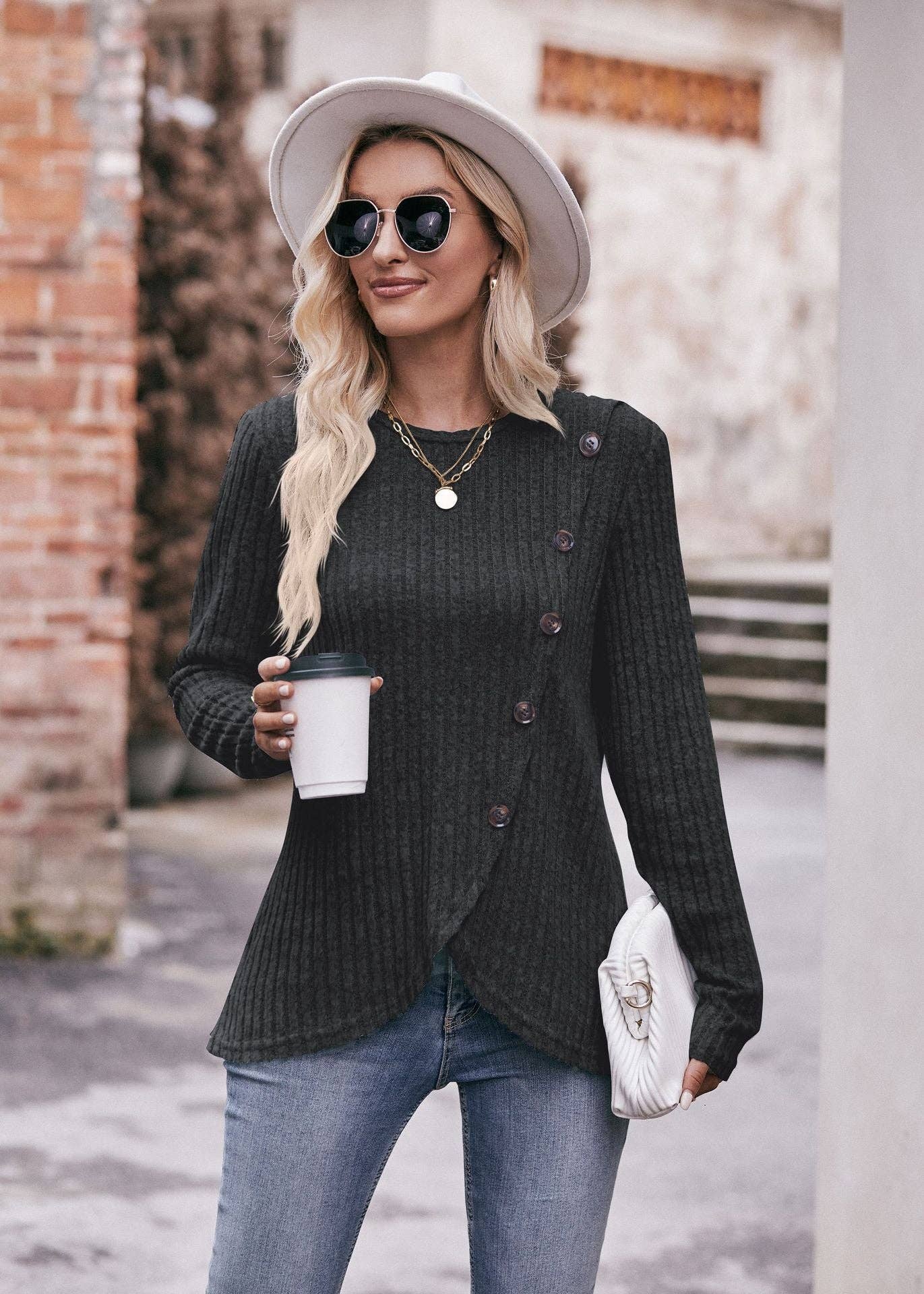 Lovesoft - Wholesale Knit Top - Women's - Round Neck Pit Strip Polished Tulip Hem Solid Color Button T-shirt10