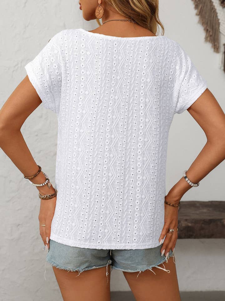 Lovesoft - Wholesale Blouse - Women's - Solid Crewneck Button Short-sleeved Cut-out Top