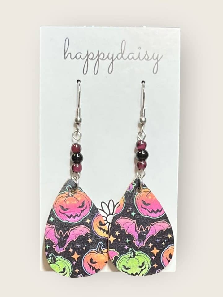 Halloween Jack-o-Lantern Print Neonkork på læderdråbeøreringe med perler for engroshandel hos happydaisy