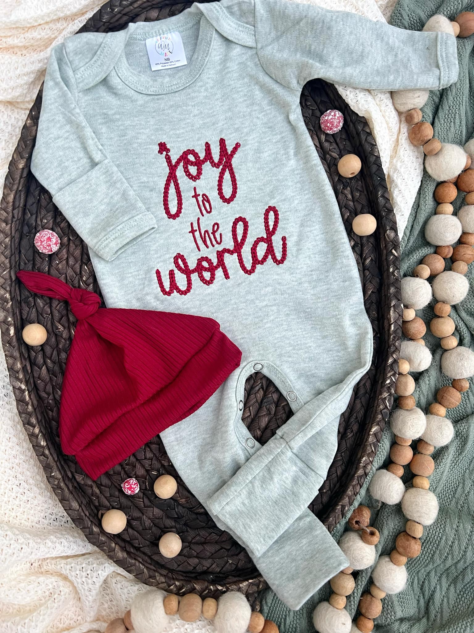 Wonderfully Made - Wholesale Jumpsuit - Baby - Baby Romper | Joy To The World Sage Baby Outfit- Christmas1