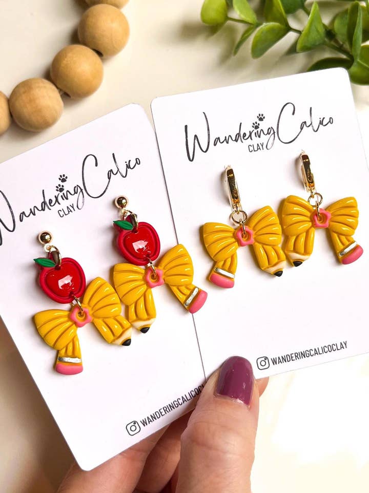 Back to School Teacher Bow Pencil Clay Earrings for wholesale by WanderingCalicoClay