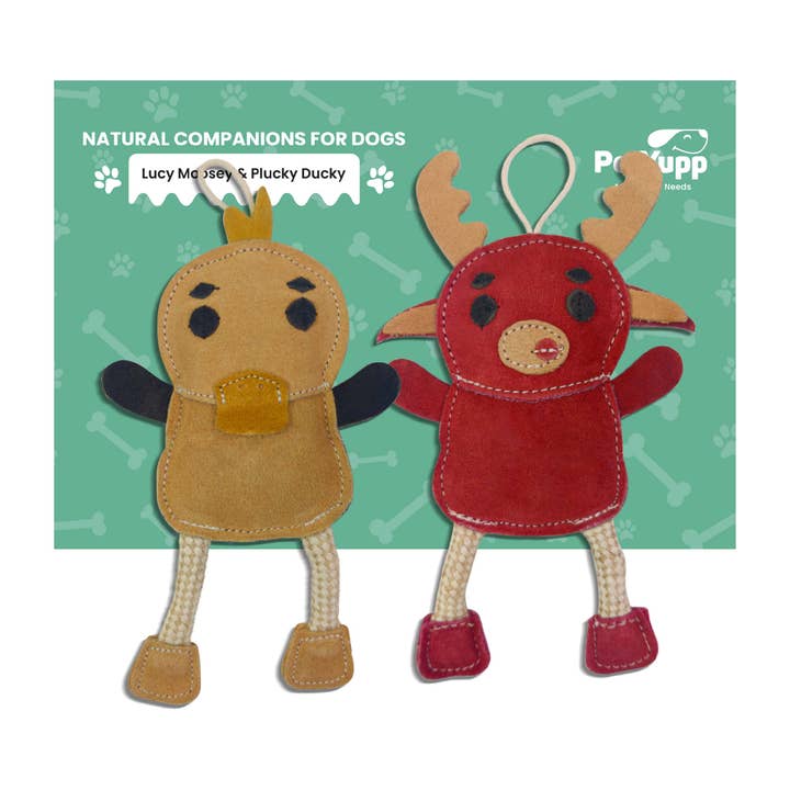 PetYupp - Wholesale Pet Toy Set - Dog - Leather, Cotton & Jute Toy with Coconut Fiber Filling - Pack of 2 (Ducky & Moosey)