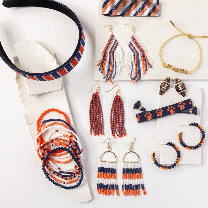 INK + ALLOY - Wholesale Beaded Bracelet - Kenzie Game Day Diagonal Stripes Beaded Stretch Bracelet Navy and Orange Wholesale2