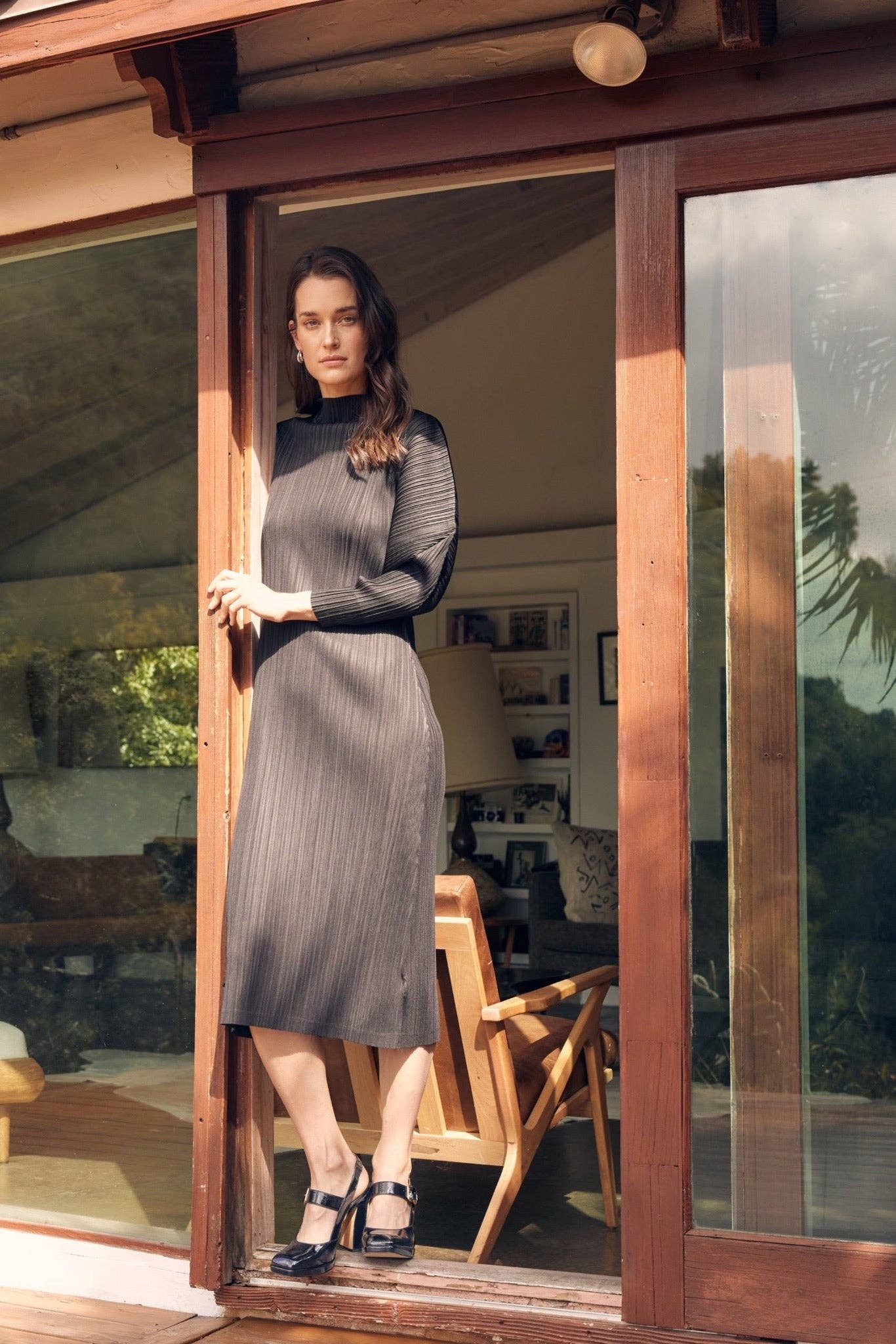 Black Hera Plissé Satin Sculpture Dress for wholesale on Faire1