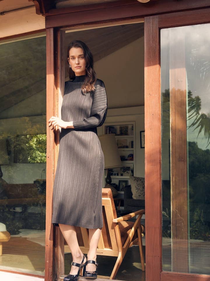 Black Hera Plissé Satin Sculpture Dress for wholesale on Faire1