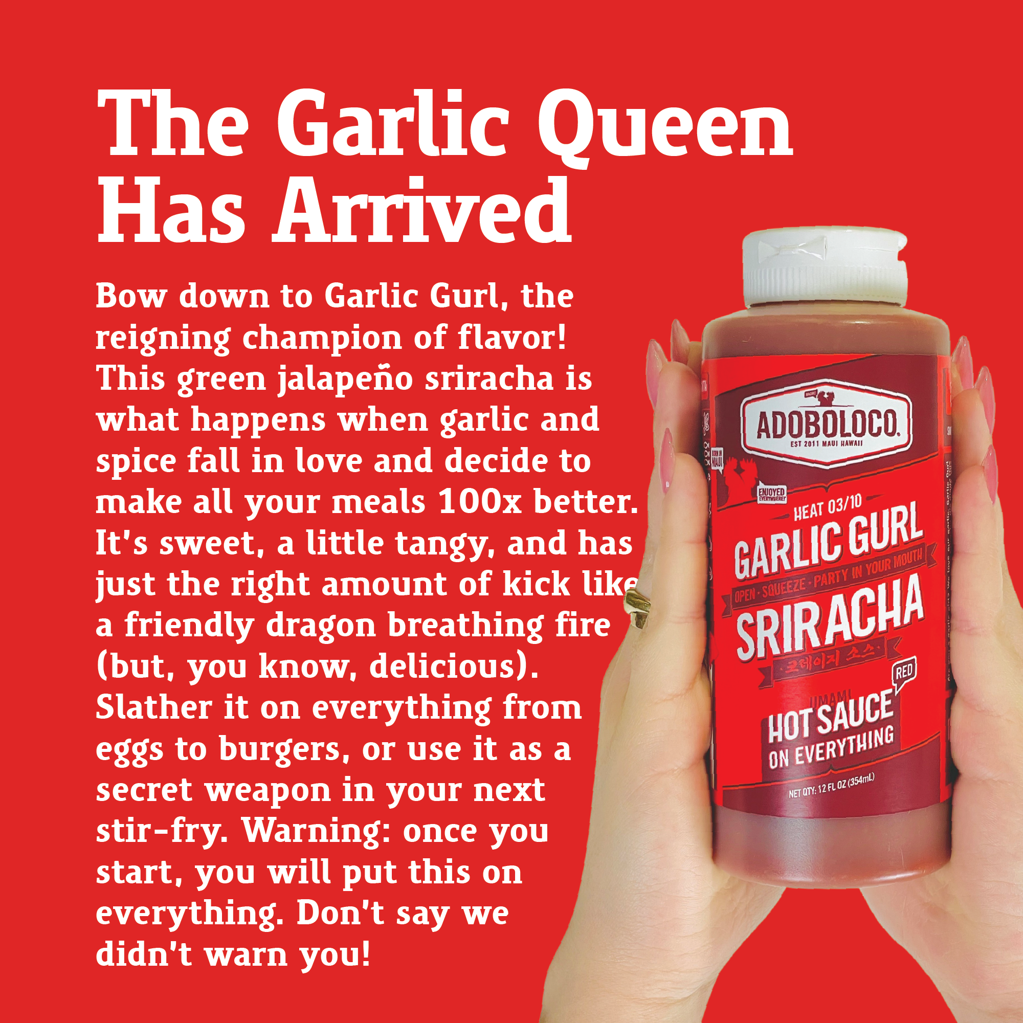 Adoboloco – Engroshandel Hot sauce – Adoboloco hvidløg Gurl Sriracha RØD varm sauce - 12 oz7