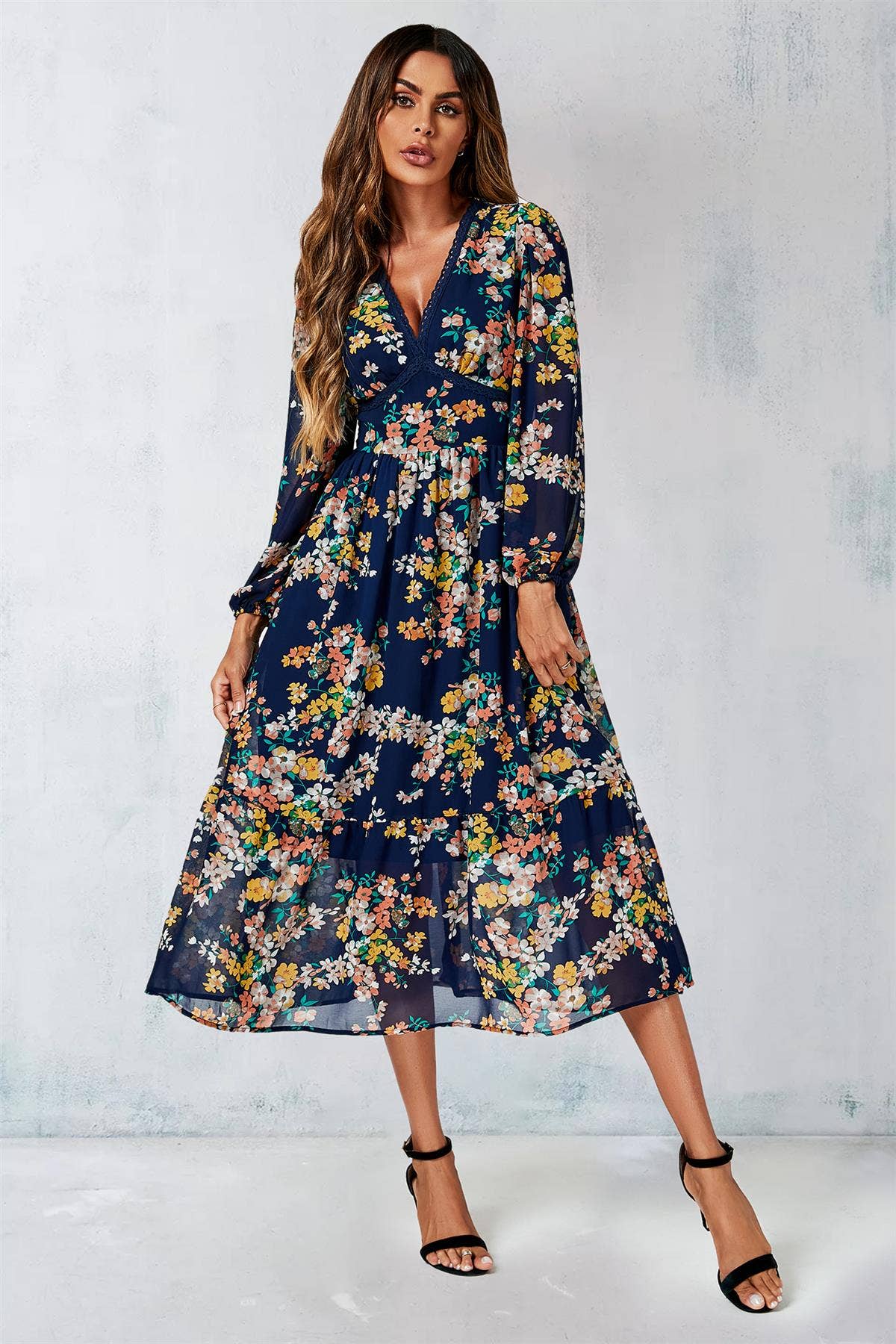 Floral Print Long Sleeve Maxi Dress In Navy for wholesale on Faire4