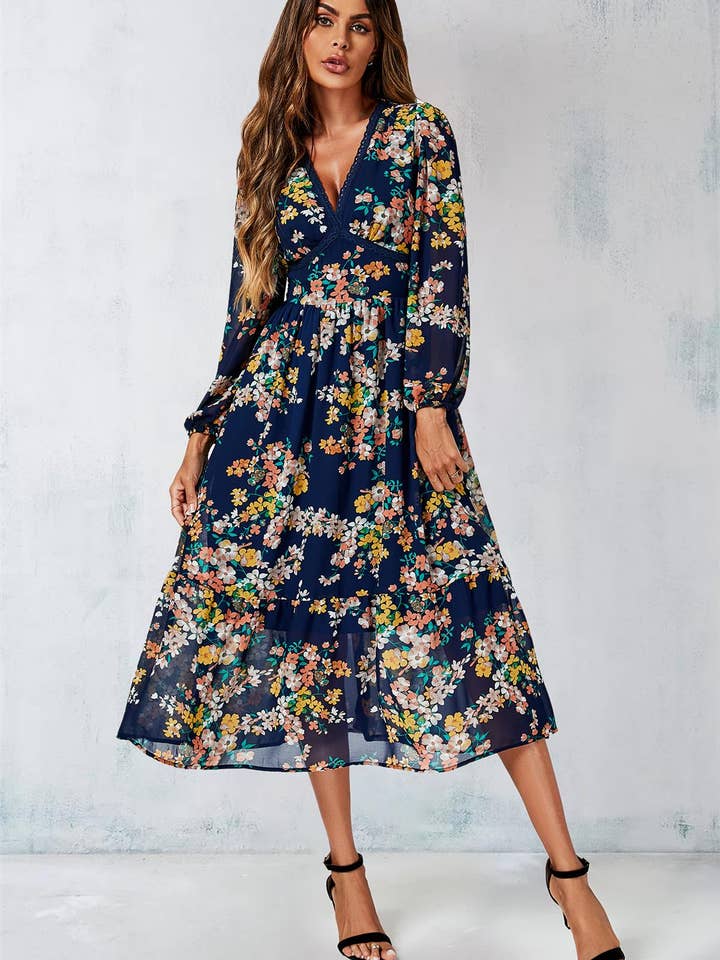 Floral Print Long Sleeve Maxi Dress In Navy for wholesale on Faire4