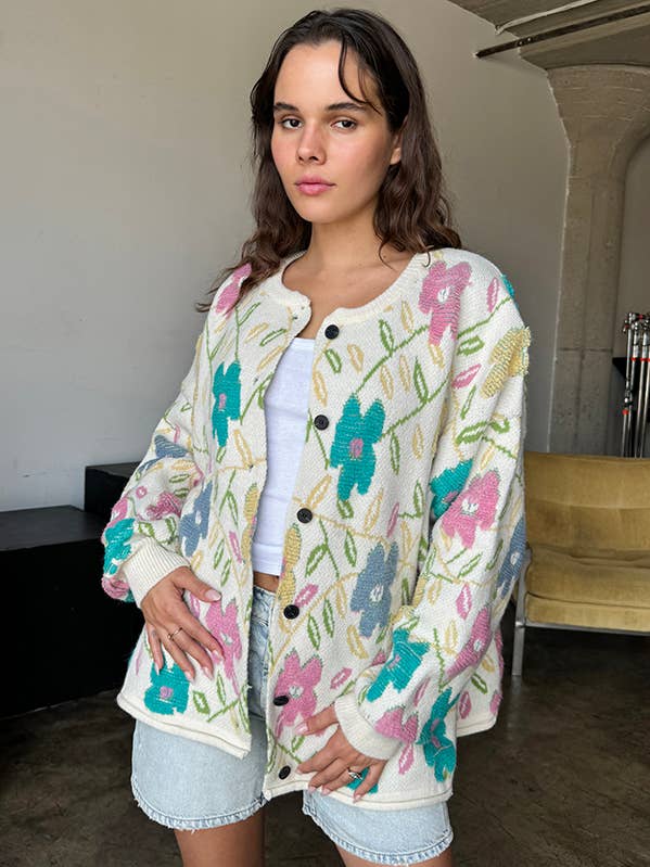 MULTI COLOR FLOWER JACQUERED BUTTON UP CARDIGAN for wholesale by FRECKLE LOS ANGELES