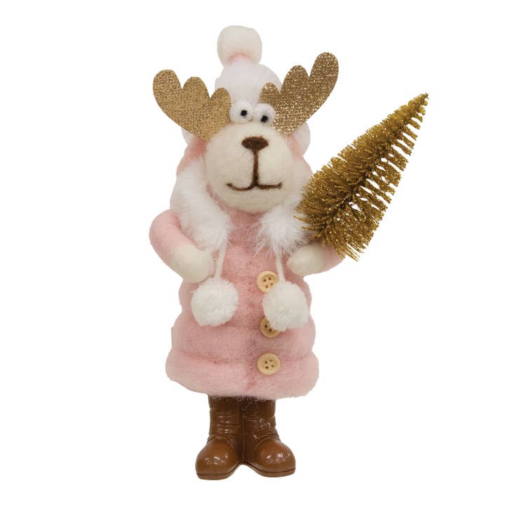 Moose in Pink Puffer Coat Felted Ornament for wholesale by Bright Ideas