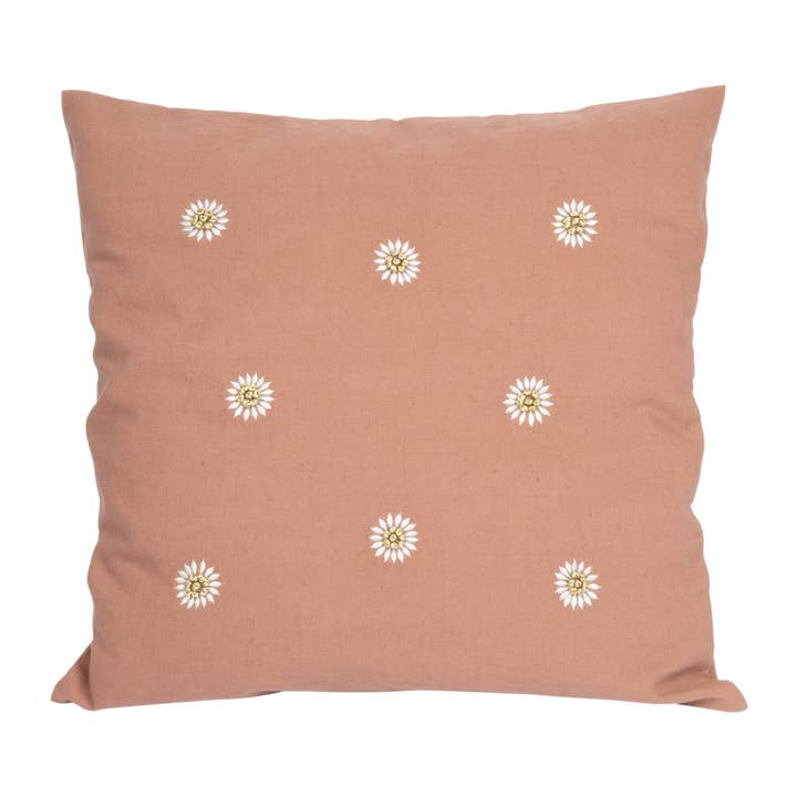 Federa per cuscino in lino di cotone con margherite ricamate color terra per la vendita all'ingrosso da parte di À la collection