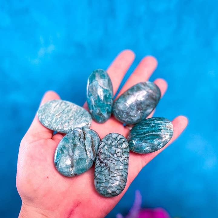 Mandala Gems - Wholesale Spiritual Stone/Crystal - Graphic Amazonite palm stone, Amazonstone with Smoky Quartz