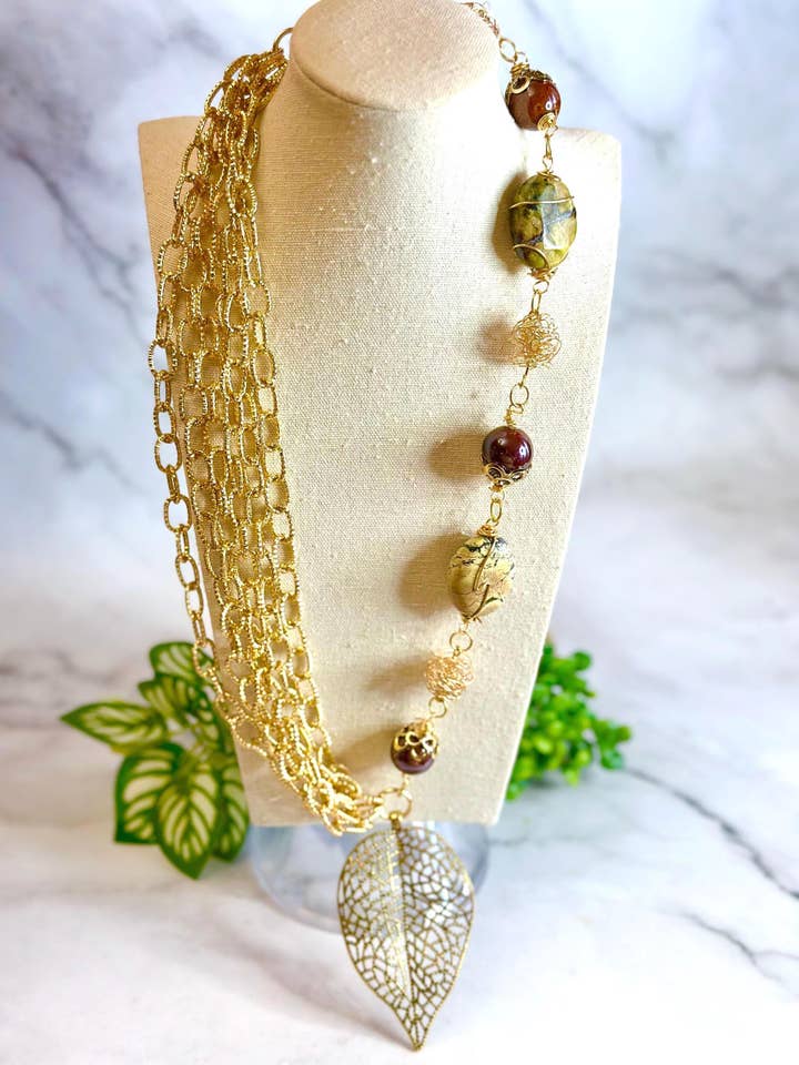Gold Chain Leaf Pendant Statement Handmade Vintage Necklace for wholesale by Designed By Risha