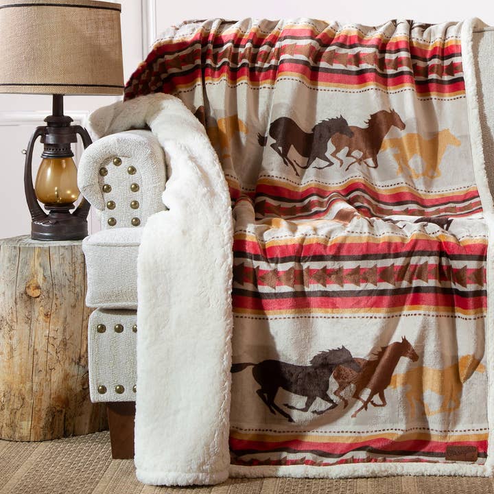 Wrangler® Running Horse Plush Sherpa Throw for wholesale by Carstens, Inc.