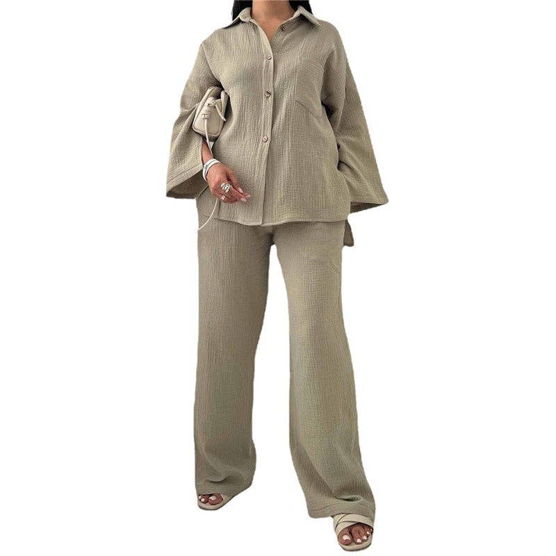ShieldChic - Wholesale Top & Pant Set (NOT Loungewear) - Women's - Solid Color Long Sleeve Lapel Blouse And Wide Leg Pants Two Pieces Suit4