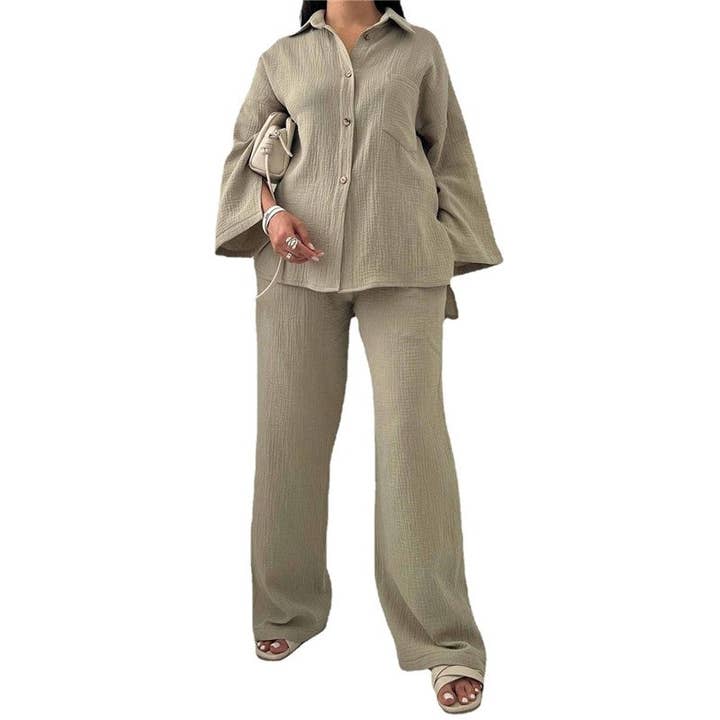ShieldChic - Wholesale Top & Pant Set (NOT Loungewear) - Women's - Solid Color Long Sleeve Lapel Blouse And Wide Leg Pants Two Pieces Suit4