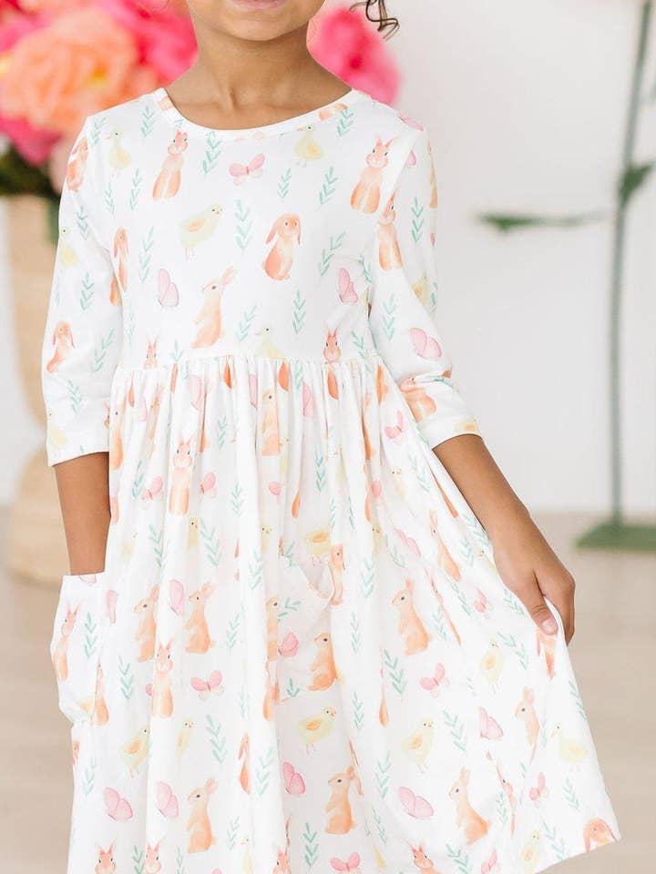 Sunny Bunnies 3/4 Sleeve Pocket Twirl Dress for wholesale by Mila & Rose