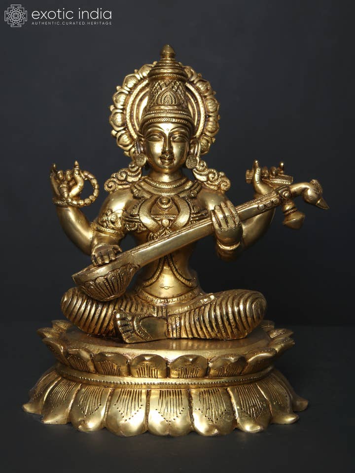 Idolo Devi Saraswati da 11" seduto su un loto | Statua in ottone per la vendita all'ingrosso da parte di Exotic India Art