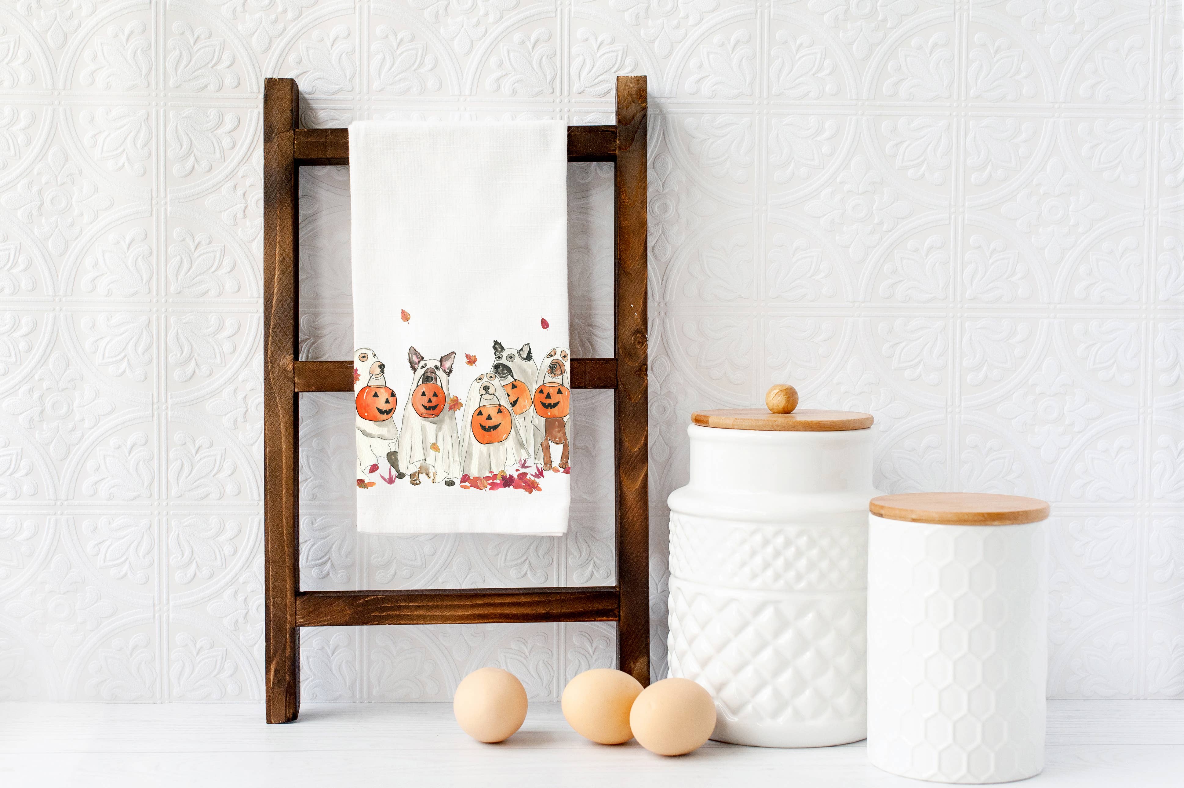 KelseyMDesigns - Wholesale Tea Towel - Halloween Ghost Dogs Kitchen Towel - Fall Tea Towel2