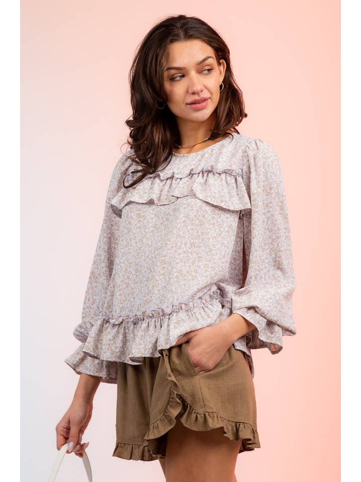 VERY J - Wholesale Blouse - Women's - VT15119-Floral Print Ruffle Blouse