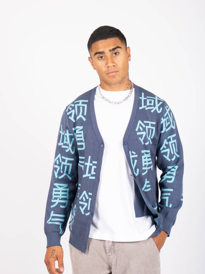 LNP BLUE KNIT JAPANESE TEXT CARDIGAN for wholesale by LIQUOR N POKER