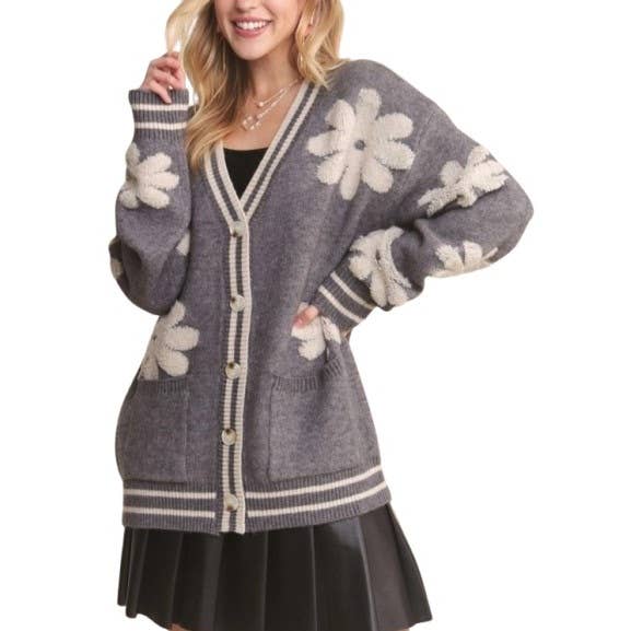 Button Down Floral Sweater Cardigan Puff Floral with Side Po for wholesale by Blue Bunny Inc