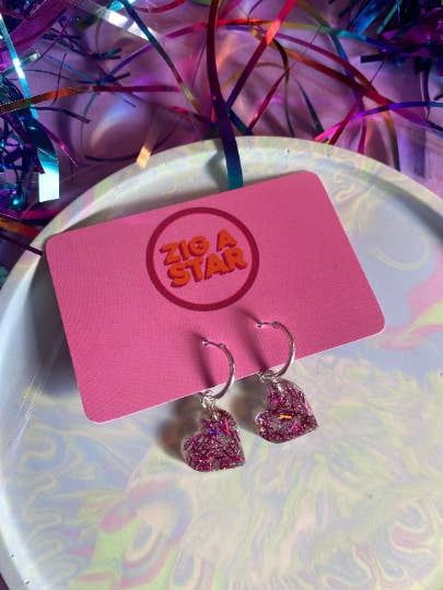 Orecchini a Cerchio con glitter a forma di cuore rosa//Orecchini in resina per la vendita all'ingrosso da parte di Zig a Star