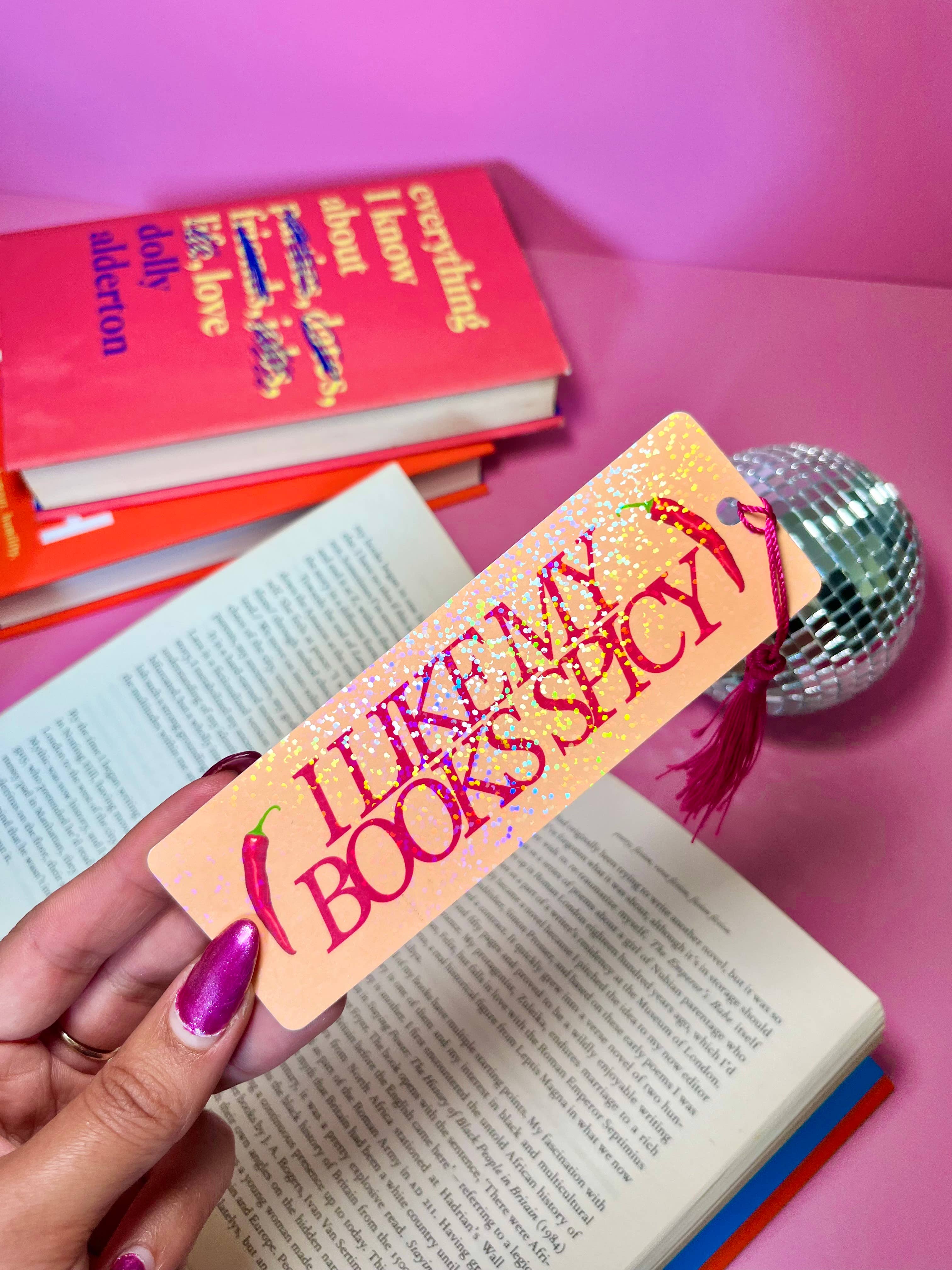 by Rosybum – wholesale Bookmark – I Like My Books Spicy Holographic Tassle Bookmark -Romantasy5