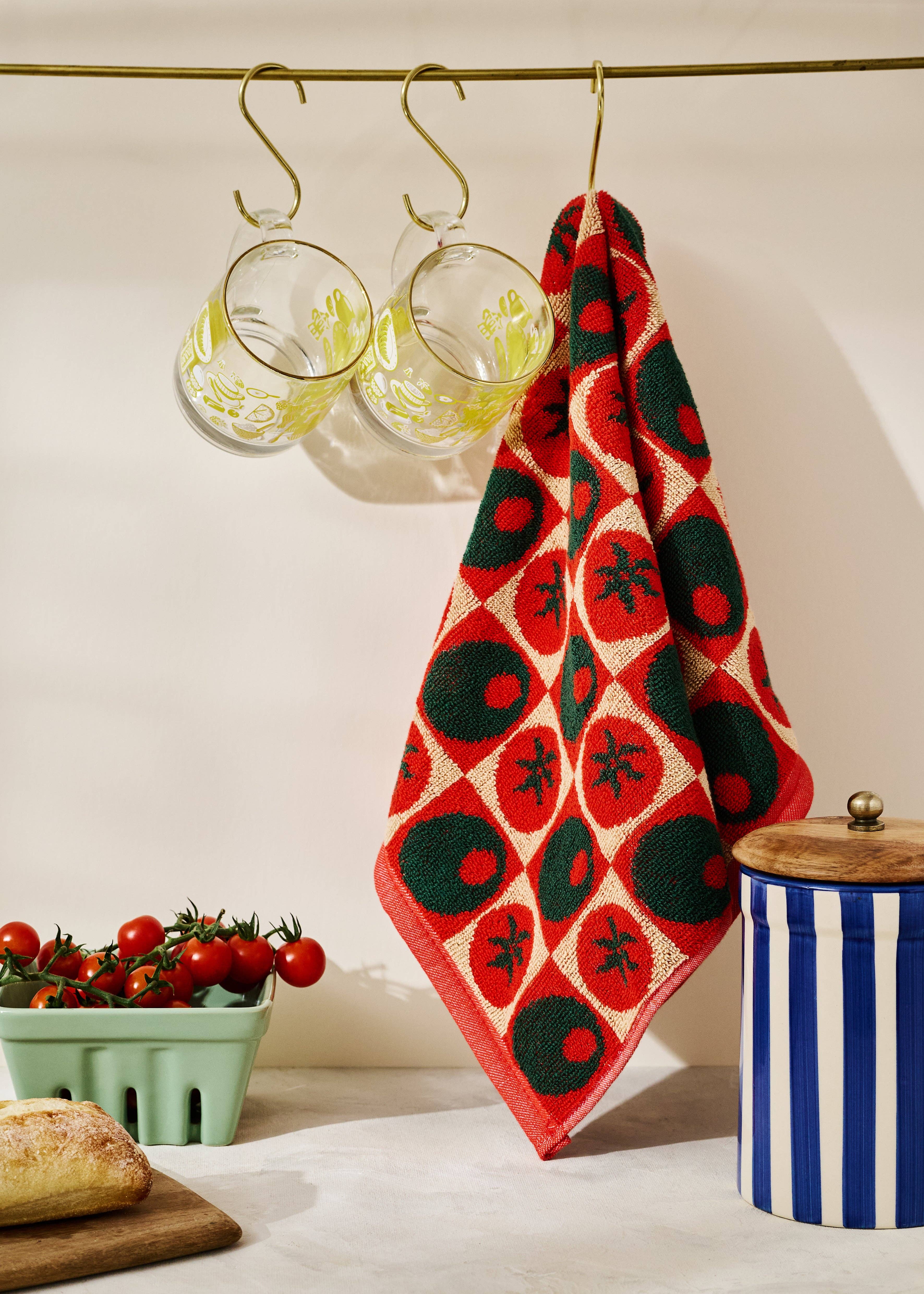 One & Only Paper - Wholesale Hand Towel - Heirloom Heat Checked Olive and Tomato Cotton Terry Cloth Towel1