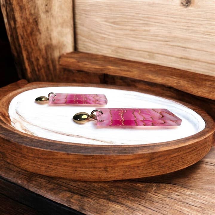 Fish Towne Designs, LLC - Wholesale Dangle Earrings - Pink Marbled Acrylic Statement Earrings with Gold Accents