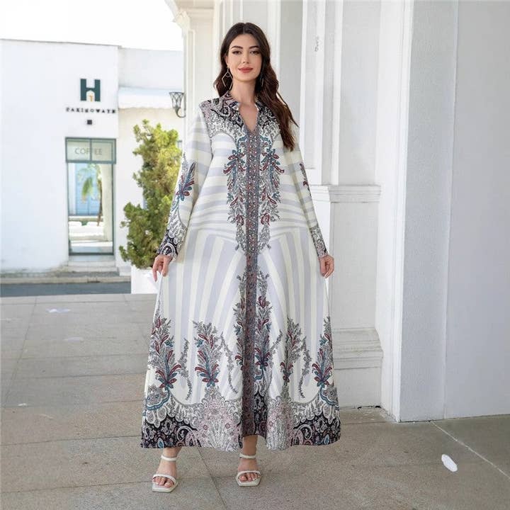 WHITE Stand Collar Print Crystal Beaded Abaya Dress for wholesale on Faire3