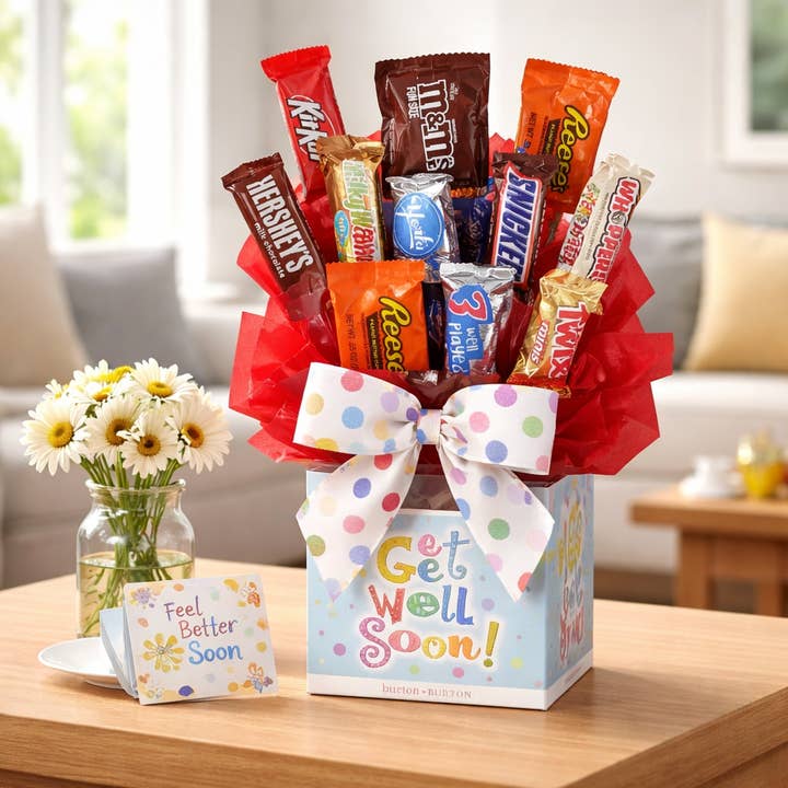 Chocolate Candy Bouquet in Get Well Soon box (12 pc candy) for wholesale by So Sweet of You