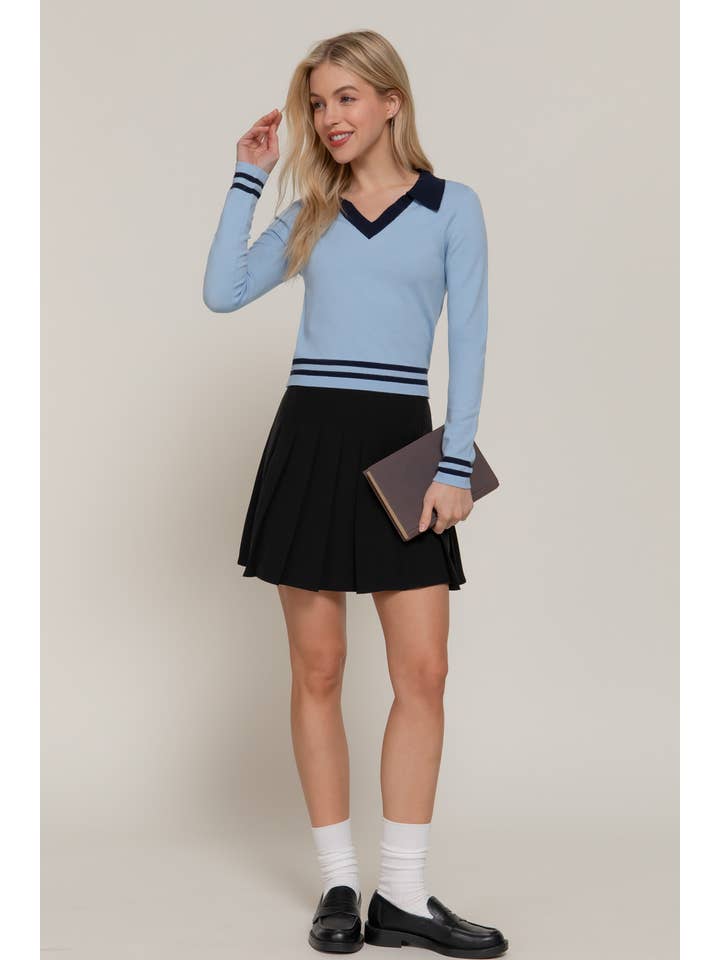 Active Basic | Active USA - Wholesale Knit Sweater - Women's - Long Sleeve Stripe Polo Sweater3