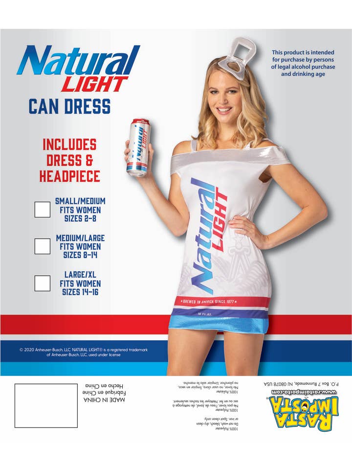 white Anheuser-Busch Natural Light Beer Can Dress Costume, 3 sizes for wholesale on Faire4