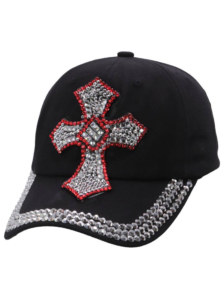 Cross Bling Red Outline Rhinestone Baseball Cap for wholesale by Cap Zone