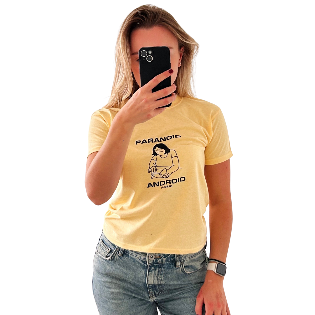 ZZZEBRAAA LIMITED – wholesale Screen printed t-shirt – Women′s – Paranoid Android (User) - Cropped Fit Baby Tee - Yellow Haze1