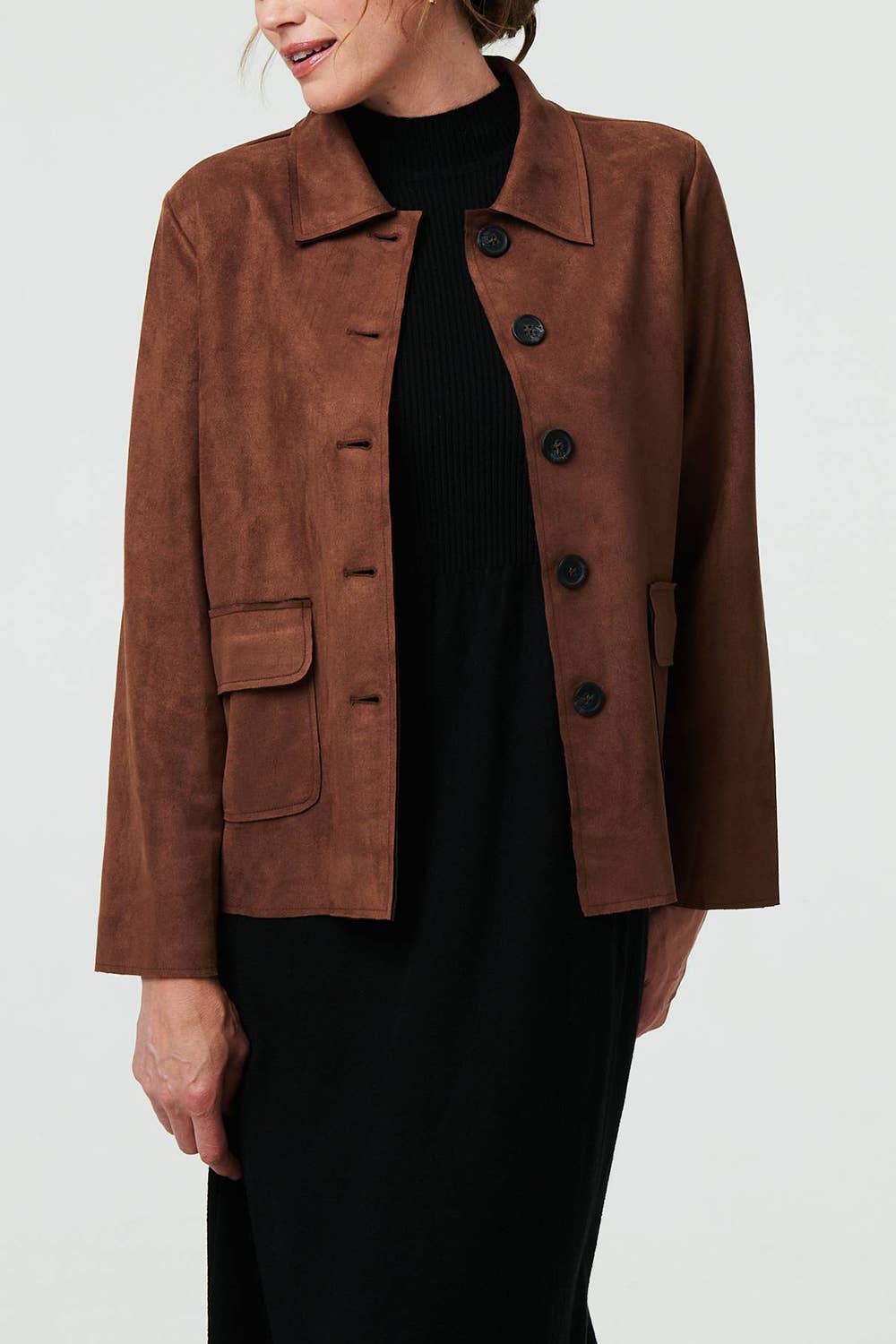 Brown Faux Suede Button Front Boxy Jacket
 for wholesale on Faire2
