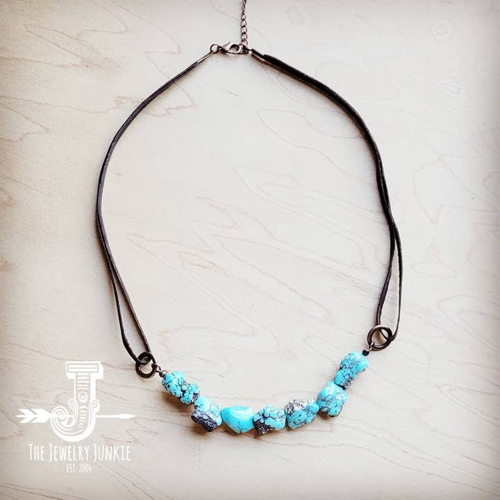 The Jewelry Junkie – Großhandel Perlenkette – Echte blaue Türkis-Halskette mit Lederband 259i
