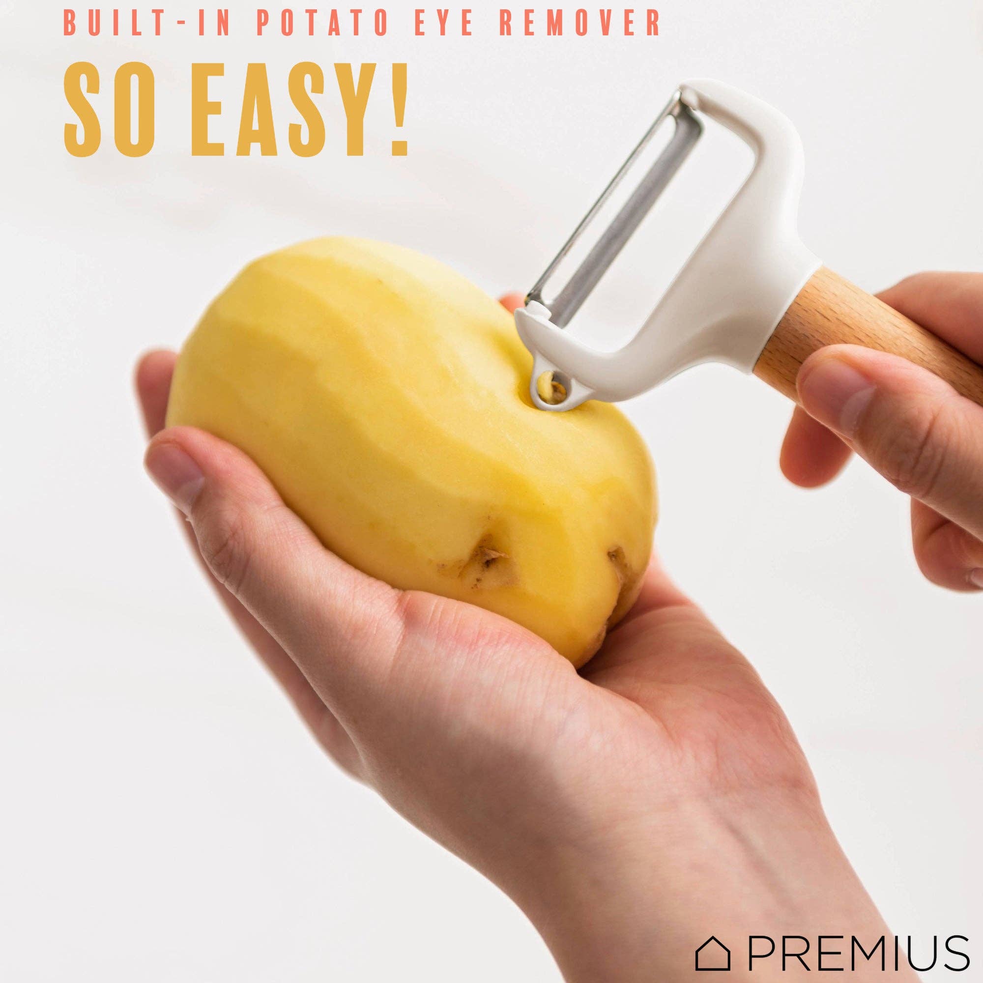 ShopBobbys - Wholesale Peeler - PREMIUS Wooden Vegetable Stainless Steel Blades Peeler with Potato Eyer, White-Natural3