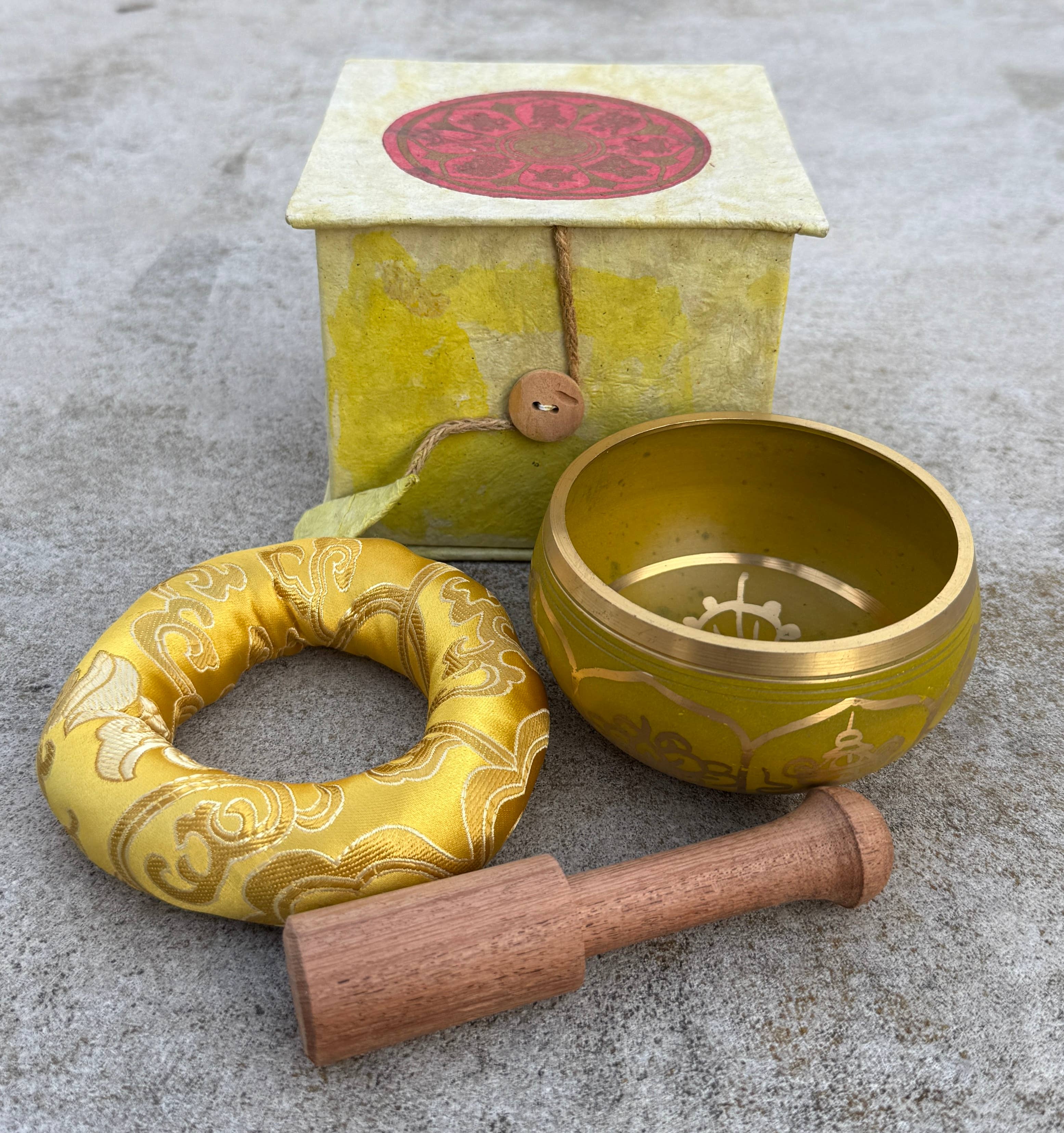 Lungta Imports - Wholesale Meditation Supplies - Tibetan Complete Singing Bowl Gift Box Set 8 Lucky Symbols 10
