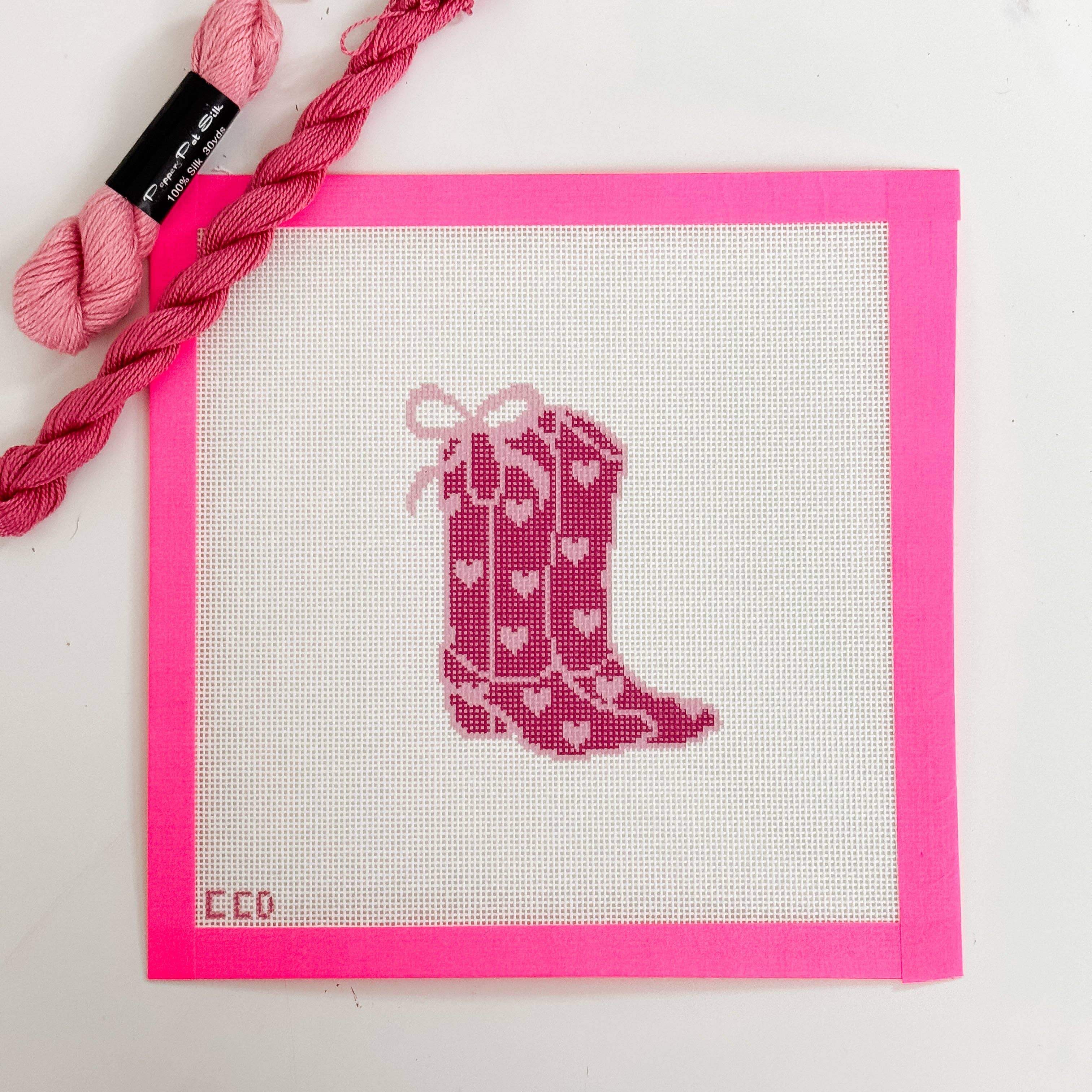 Cotswold Co Designs - Wholesale Embroidery/Cross Stitch Supplies - Hand-Painted Heart Coquette Cowgirl Boot Needlepoint Canvas | 4” Design | 18 Mesh Southern-Inspired Design0