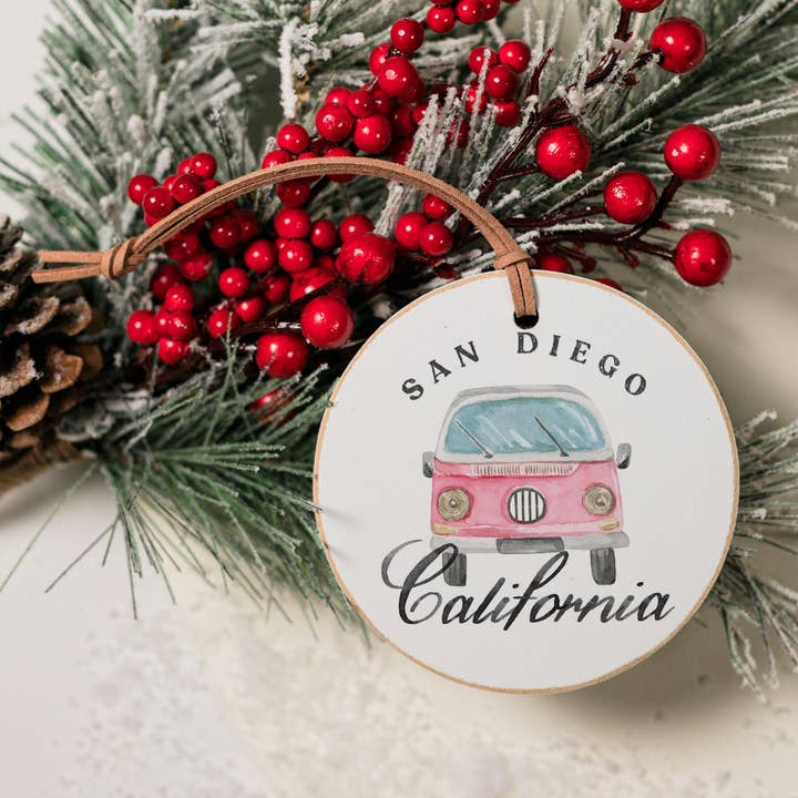 White 4" Round Ornament-Pink Van San Diego, California for wholesale on Faire