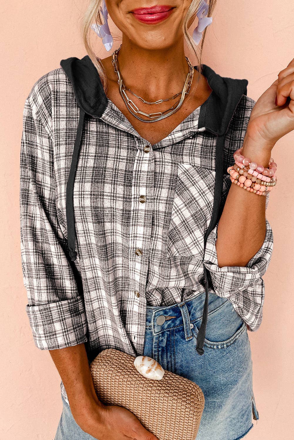 Lovesoft - Wholesale Shirt Jacket/Shacket - Women's - Checkered Print Loose Fit Buttoned Hooded Shacket10